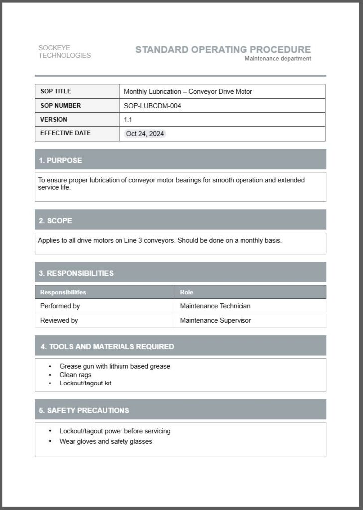 Step-by-step maintenance SOP example part 1.