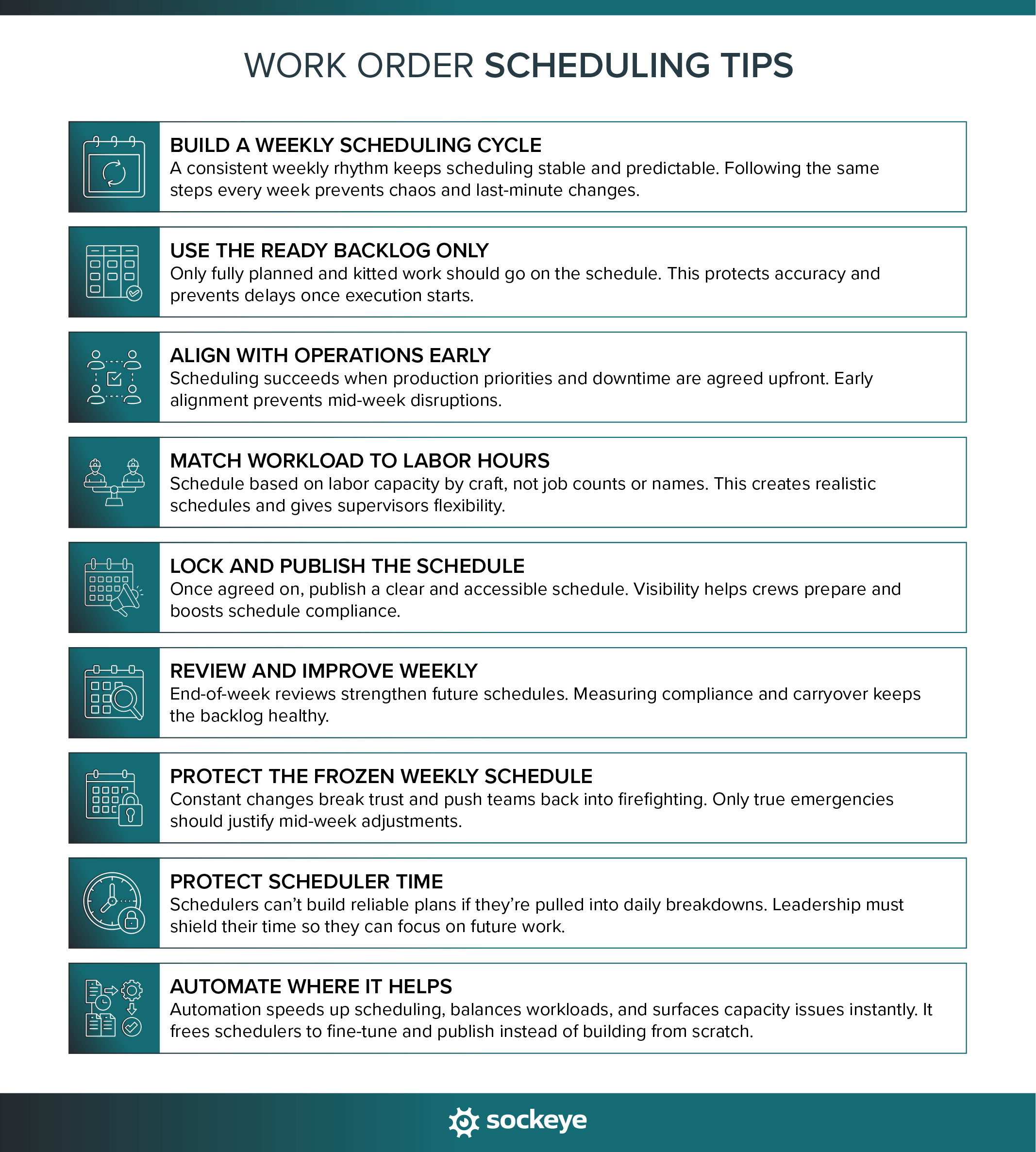A list of 9 tips to improve work order scheduling.