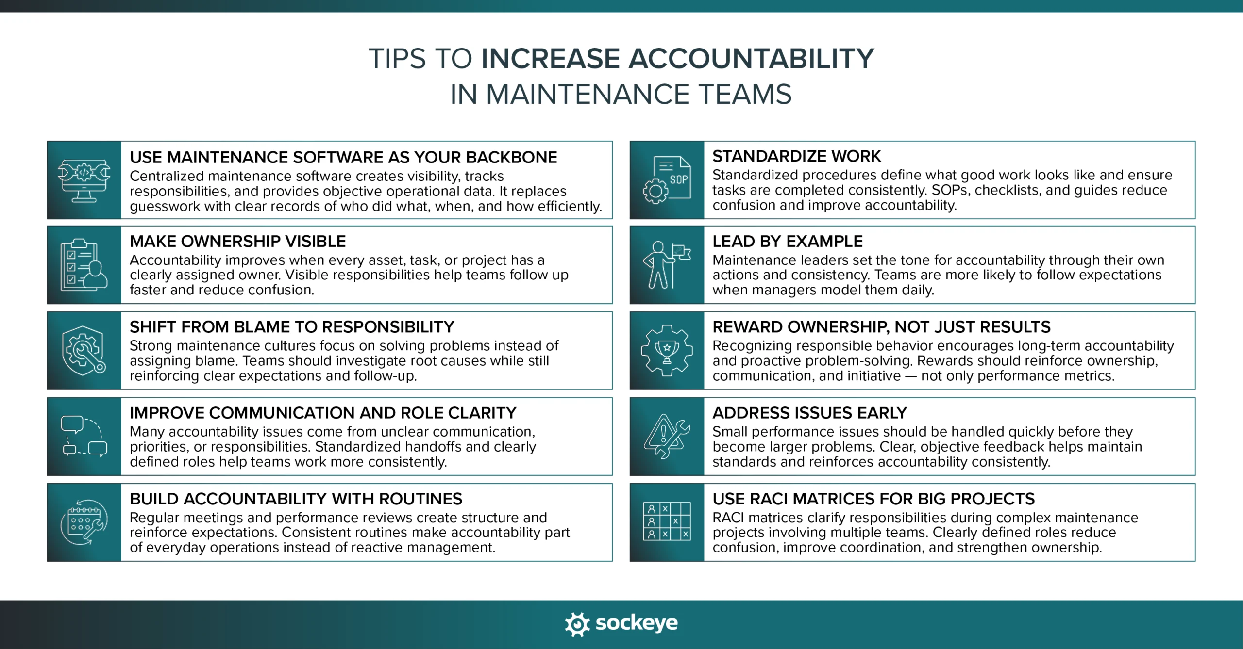 A list of tips and strategies to improve accountability in maintenance teams.