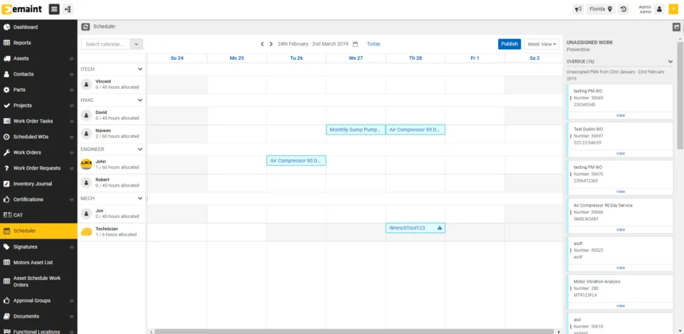 eMaint X5 Scheduler dashboard screenshot.